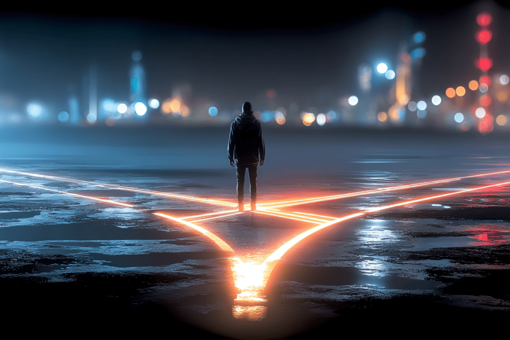 A lone person standing at a glowing crossroads at night, with illuminated paths branching in different directions across wet pavement, representing the moment of choosing between conflicting options.