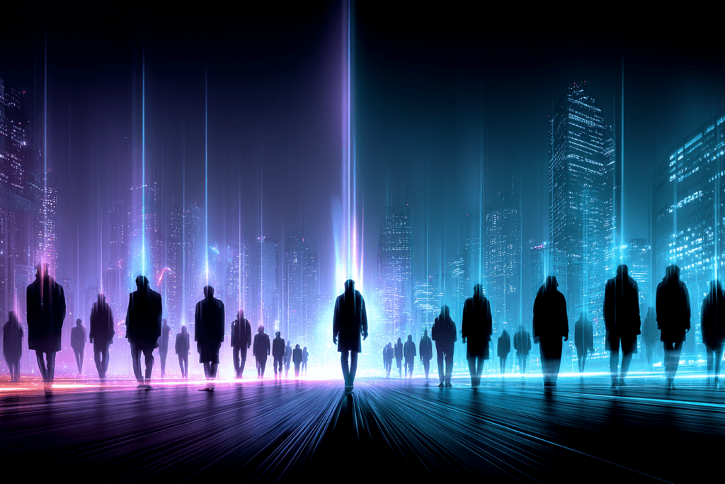 A crowd of silhouetted figures walking through a futuristic cityscape, with one central figure illuminated by a vertical beam of light, representing an individual taking a clear stance apart from the group.