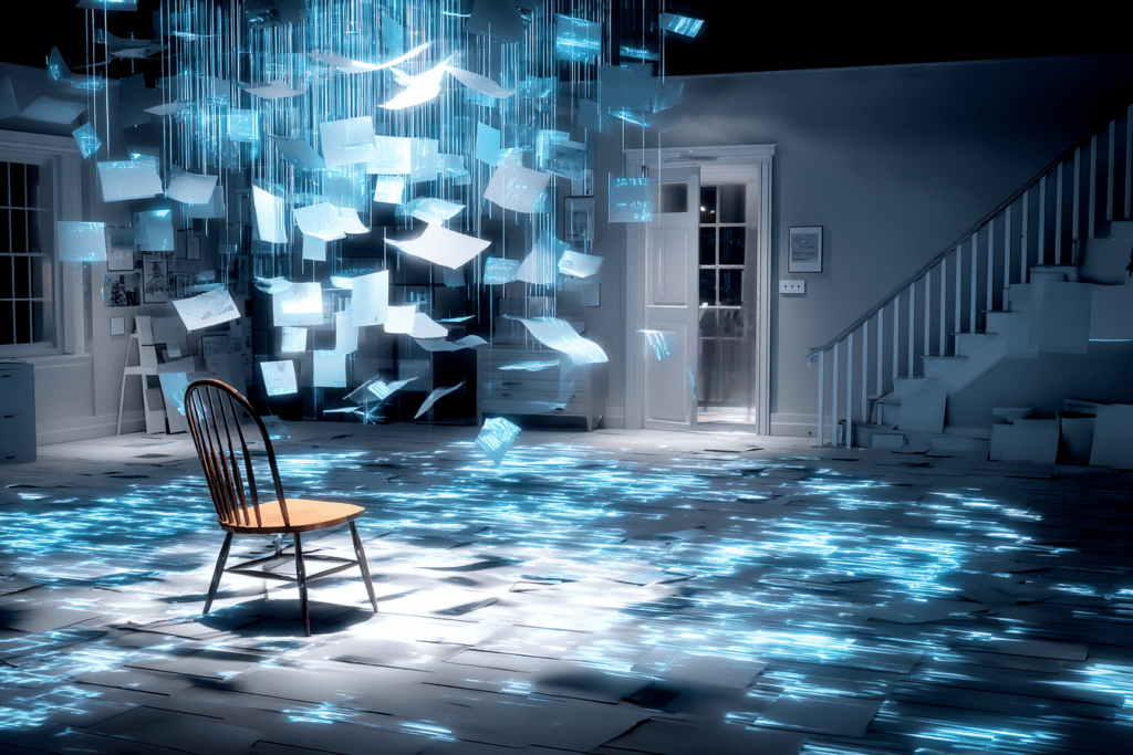 An empty room with a single wooden chair as glowing sheets of paper float and fall through the air, casting blue light across the floor and walls.