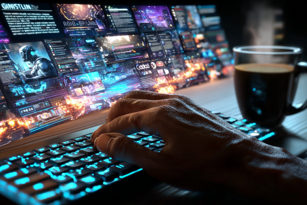 A close-up of a hand typing on a backlit keyboard while multiple glowing digital panels filled with text and visuals crowd the screen, suggesting information overload and passive consumption.