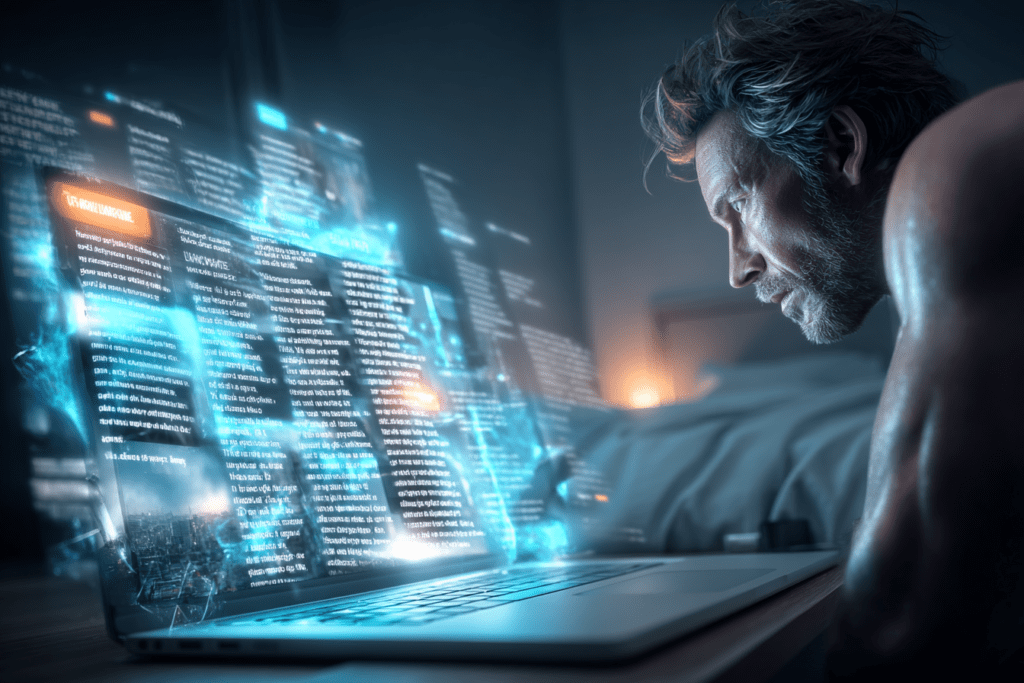 A person leans toward a laptop displaying large blocks of glowing text, their face lit by the screen, conveying intense focus without visible interaction or questioning.