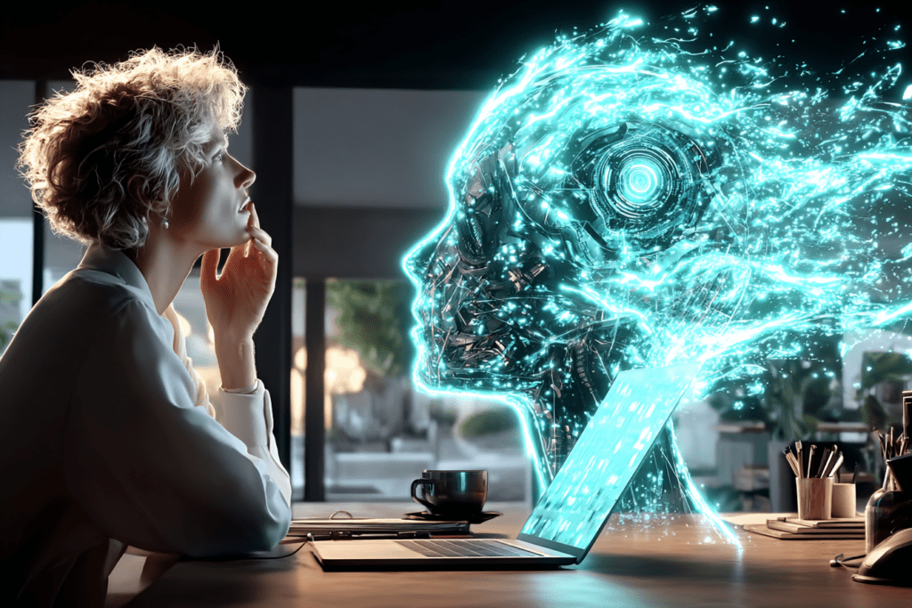Person sitting at a desk looking thoughtfully at a glowing holographic AI face emerging from a laptop screen.