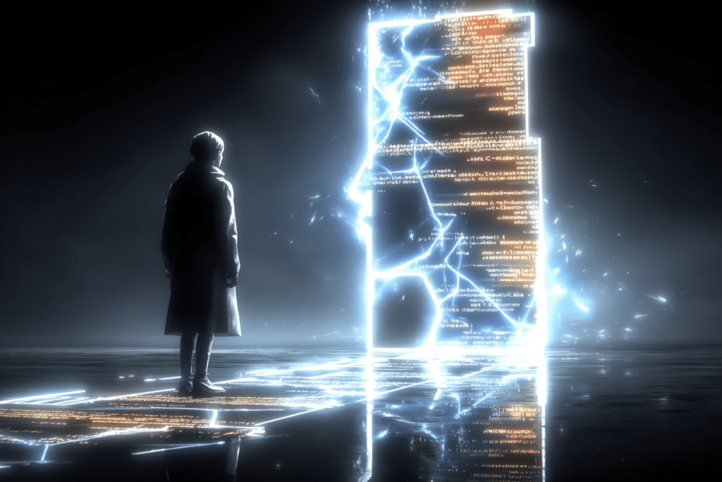 Person standing in a dark space facing a glowing digital doorway made of code and neural network patterns.