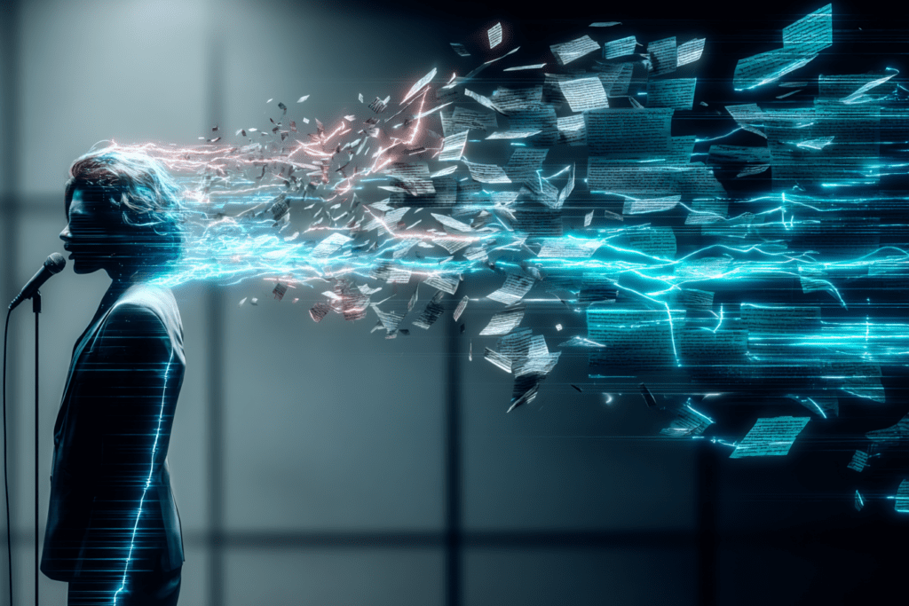 A person speaking into a microphone as written pages burst into fragments and energy waves, representing ideas breaking down when spoken.