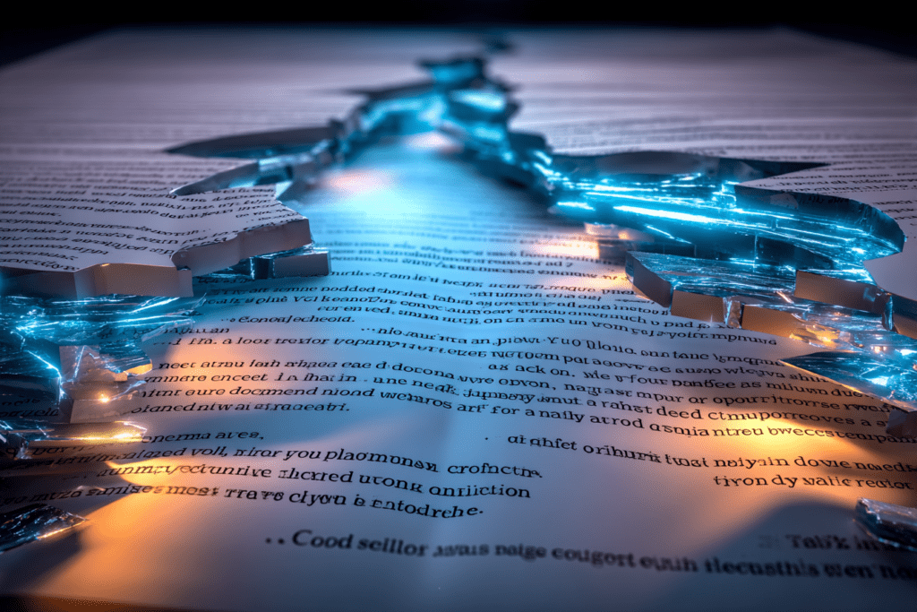 A close-up of a printed page cracked open with glowing light beneath, symbolizing hidden weaknesses in an idea’s structure.