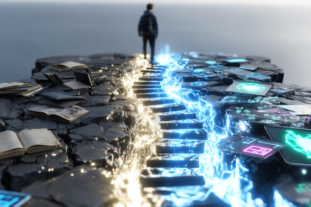 A person stands at the end of a split path, one side filled with books and tools and the other glowing with digital interfaces and screens, connected by illuminated steps.