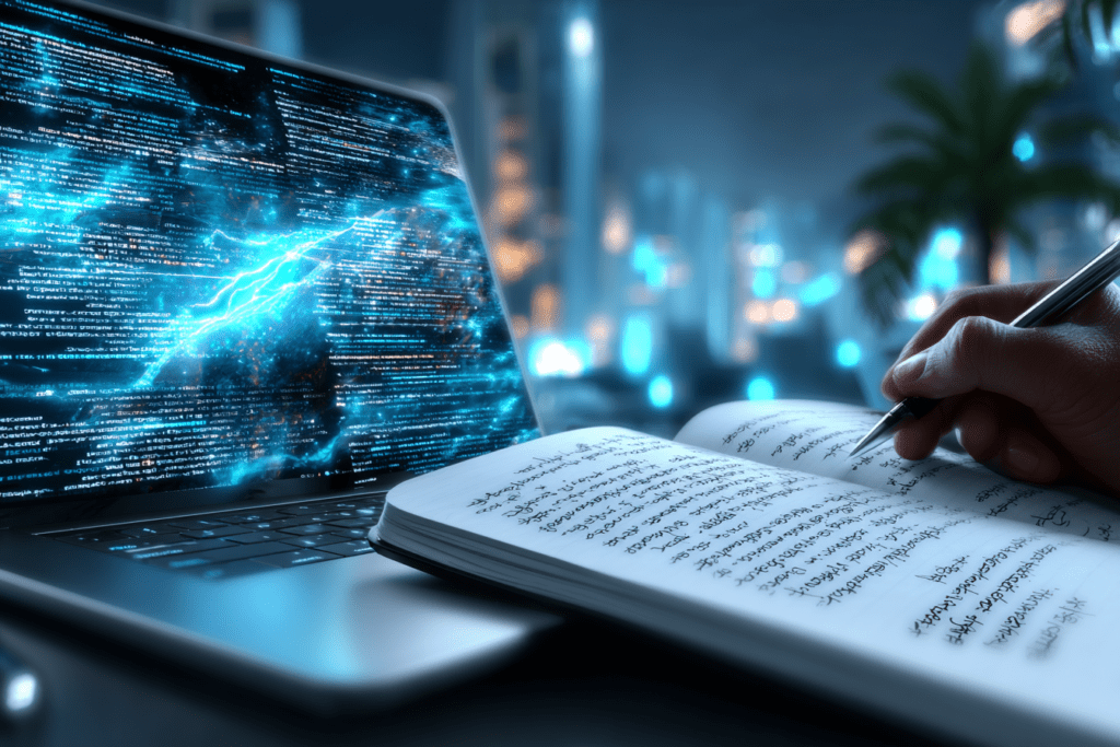 A person writes in a notebook while glowing digital text flows from a laptop screen toward the page, blending human writing with AI-generated content.