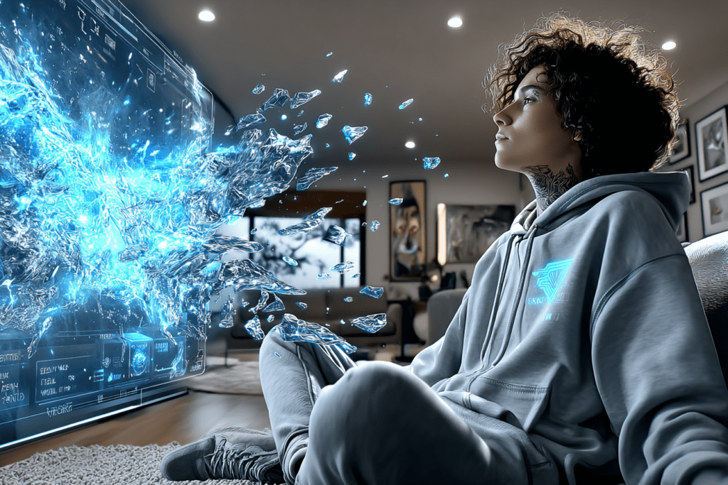 A person sits on the floor staring at a large glowing digital display as blue fragments and energy seem to extend outward toward them, capturing their full attention.