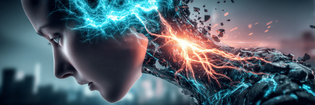 Close-up of a human face with glowing neural energy splitting through the head and neck, blending into a fractured, cybernetic structure.