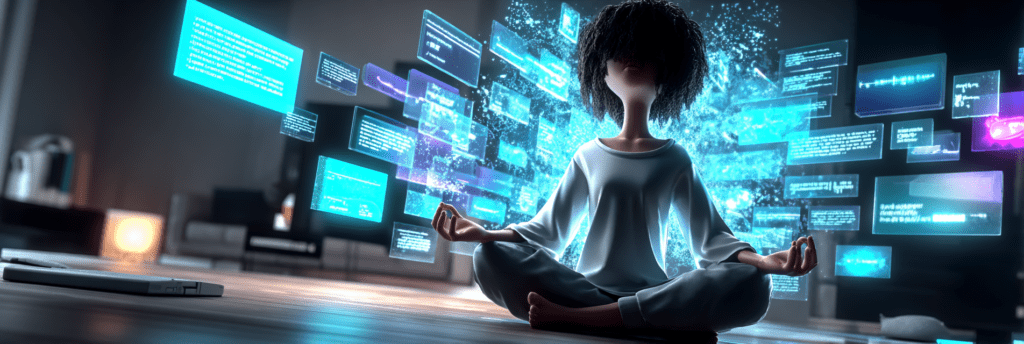 A person sitting cross-legged in a dim room while glowing digital panels and streams of information float around them in a calm, controlled flow.