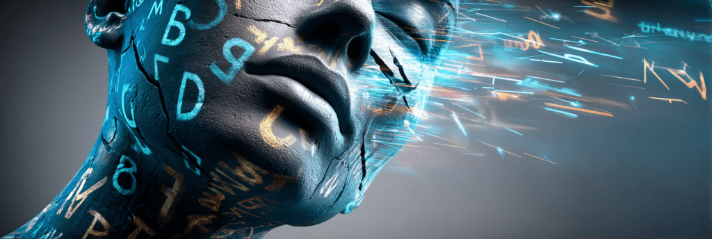 A cracked stone-like human face covered in glowing symbols, with fragments and streaks of data flowing outward from the surface.