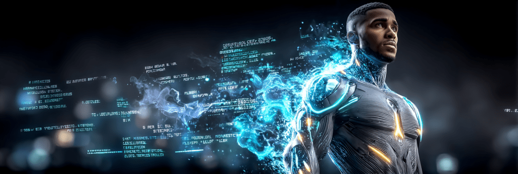 A futuristic portrait of a man in glowing silver armor, looking upward as blue light and floating digital text stream outward from behind him against a dark blurred background.