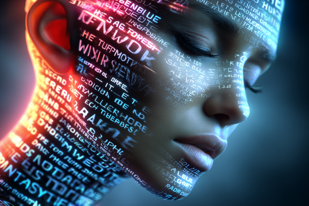 Close-up of a face with eyes closed, overlaid with glowing text and symbols, suggesting information flowing across the surface without active engagement.