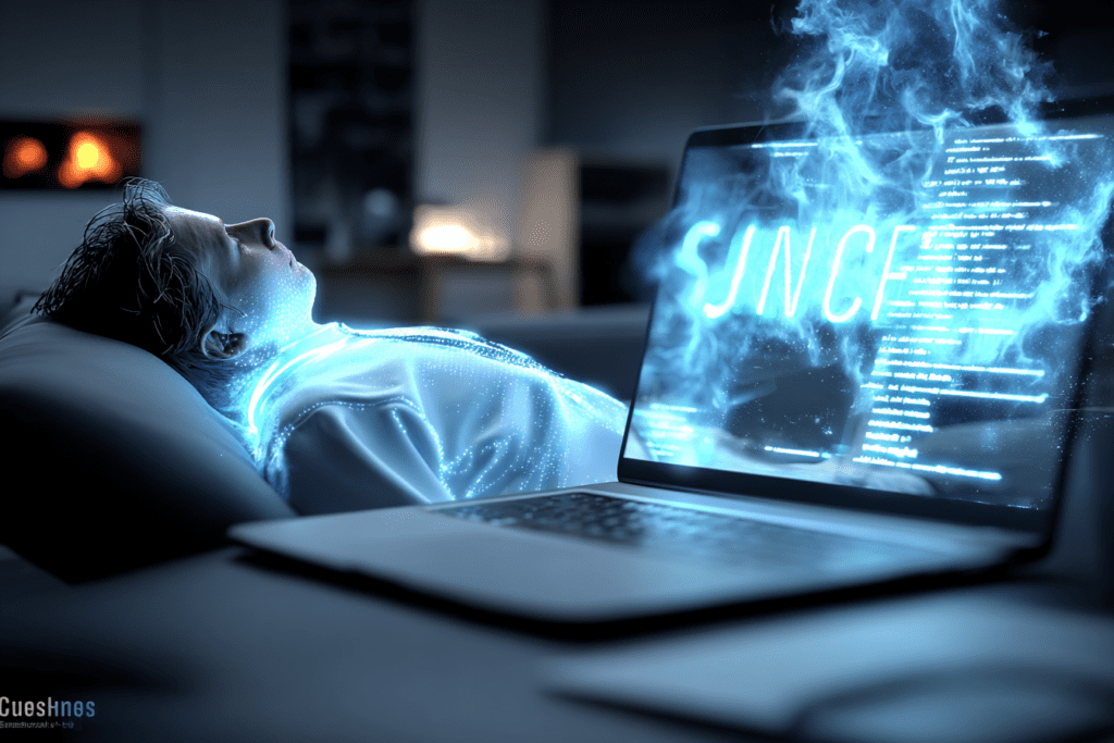 Person lying back with eyes closed while a laptop beside them emits glowing text and energy-like visuals, suggesting automated thinking happening independently.