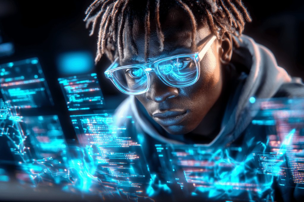 Person wearing illuminated glasses, surrounded by floating digital code and glowing data streams, focused expression in a dark, futuristic environment