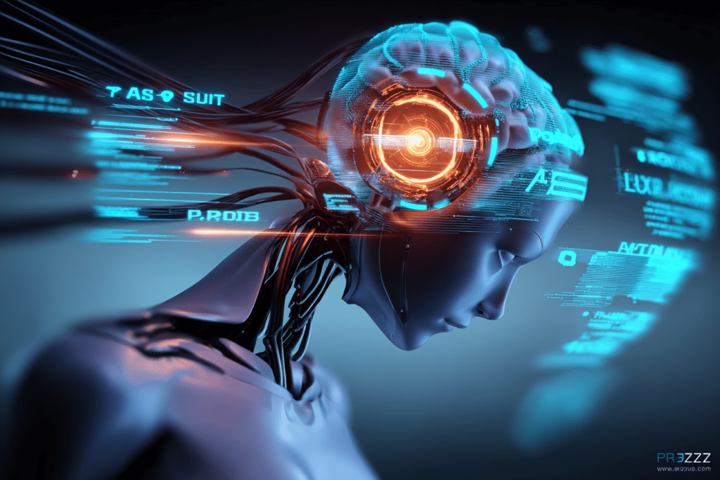 Futuristic humanoid robot with a glowing neural core inside its head, connected by flowing data streams and surrounded by abstract interface elements