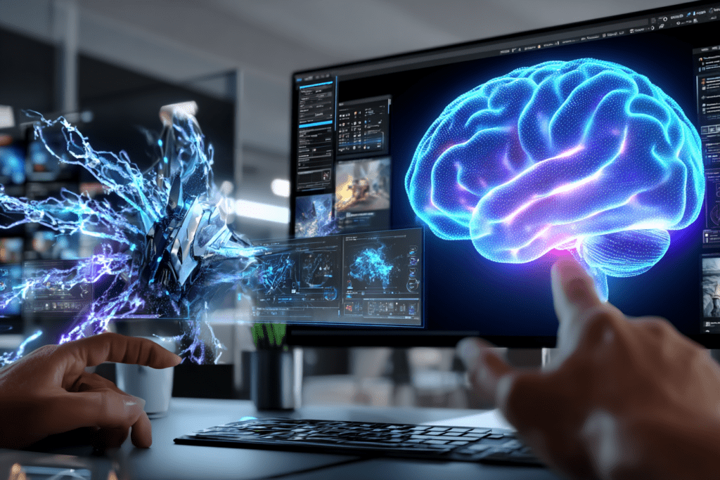 Close-up of a computer screen displaying a glowing digital brain interface while a human hand reaches toward it, with abstract AI visuals emerging beside the screen.