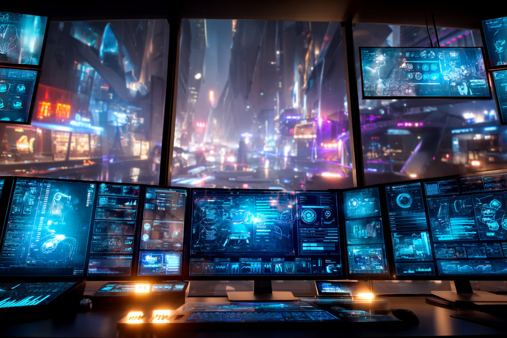 Futuristic control room filled with multiple digital screens overlooking a neon-lit city at night, suggesting centralized monitoring and data flow.