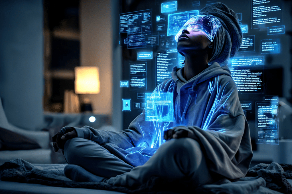 Person sitting calmly with eyes closed while glowing digital interfaces and data streams surround their head and body in a dimly lit room.