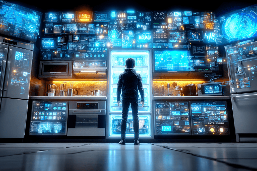 A futuristic kitchen filled with AI-powered appliances and glowing digital interfaces while a lone person stands in front of an illuminated refrigerator surrounded by screens and smart devices.