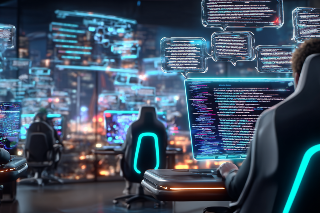 A futuristic AI workspace filled with glowing screens, floating text bubbles, and rows of people sitting at computer stations overlooking a neon-lit city at night.