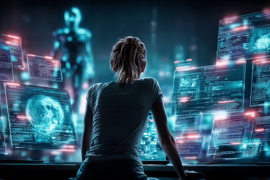 A person surrounded by glowing AI interfaces while a blurred humanoid AI figure stands in the background in a dark futuristic environment.