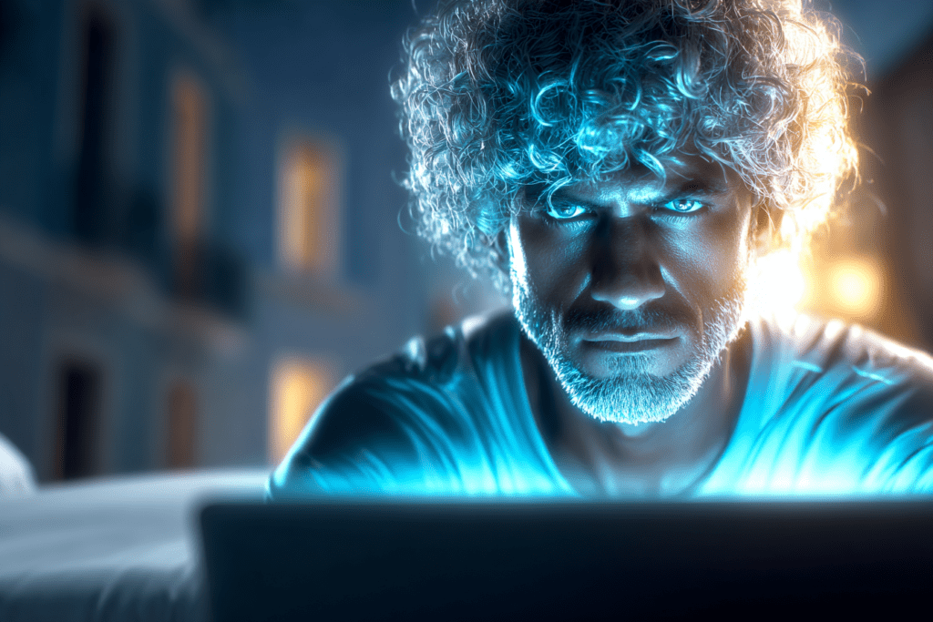 Man illuminated by a glowing laptop screen in a dark room, staring intently forward.