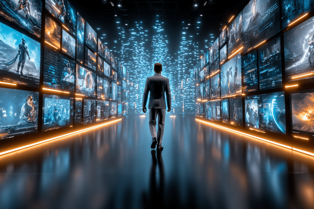 Person walking through a large corridor lined with glowing screens displaying different content.