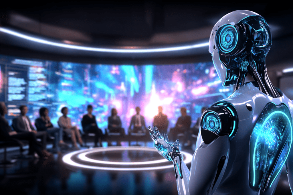 Futuristic robot presenting information to a seated audience in a high-tech setting.
