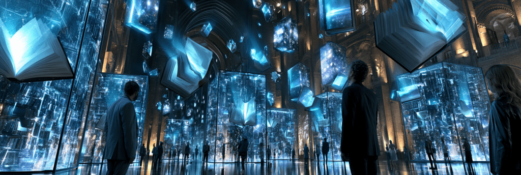 Visitors stand inside a vast futuristic museum where glowing books float above towering glass structures filled with information. The space is illuminated by blue light, creating an atmosphere of wonder mixed with intellectual distance.