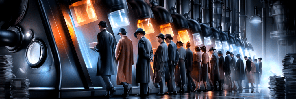 A long line of people waits at a massive industrial machine that dispenses glowing answer cards. Warm orange and cool blue lights illuminate the queue while stacks of papers accumulate around the machinery.