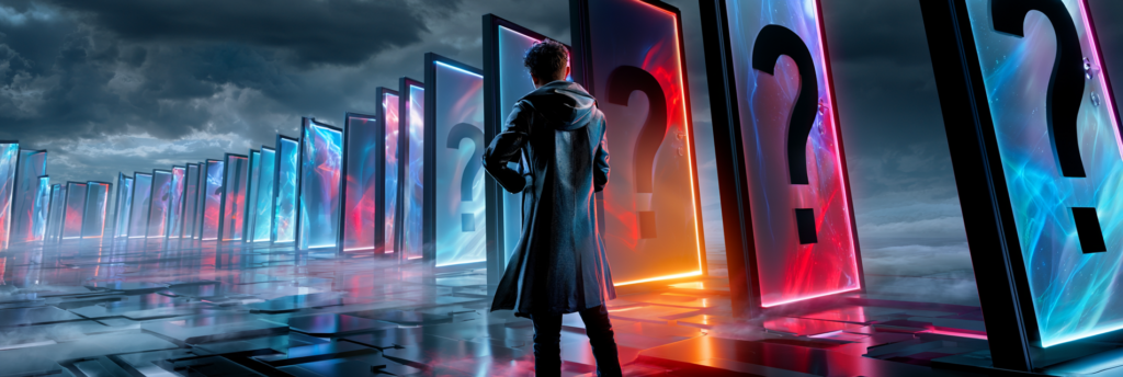 A solitary figure stands before a seemingly endless row of illuminated doors marked with question marks. Each doorway glows with different colors beneath a stormy sky, suggesting countless unexplored paths.
