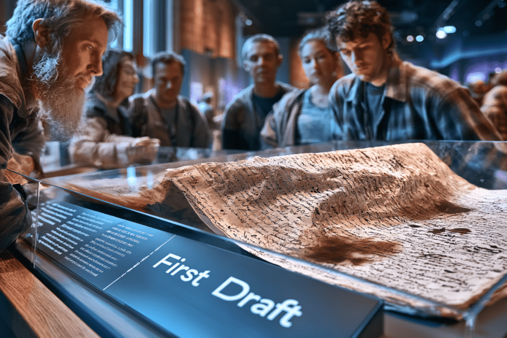 Museum visitors study a fragile handwritten manuscript displayed behind glass and labeled "First Draft," treating an unfinished piece of writing as a rare historical artifact.