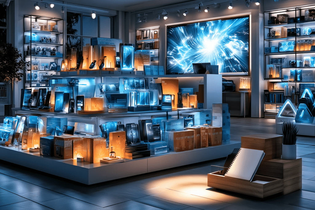 A futuristic museum gift shop displays glowing technology products and productivity gadgets, while a simple blank notebook sits quietly in a spotlight near the floor.
