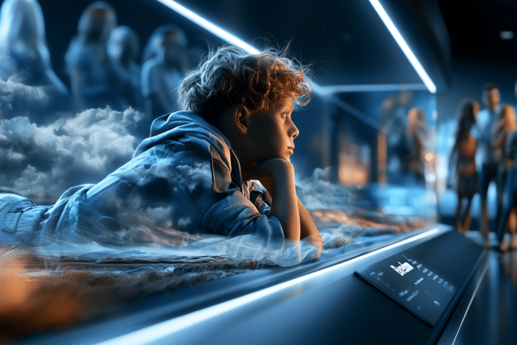 A museum exhibit labeled "Boredom" displays a child lying quietly and gazing into the distance while visitors observe, presenting daydreaming and unstructured thought as a rare historical skill.