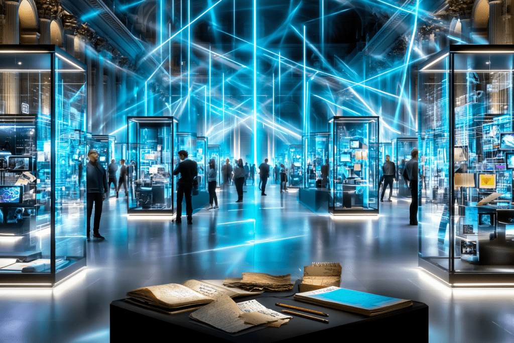 Visitors explore a futuristic museum filled with illuminated display cases showcasing relics of human thinking and creativity, while handwritten notebooks and papers sit in the foreground like archaeological artifacts.