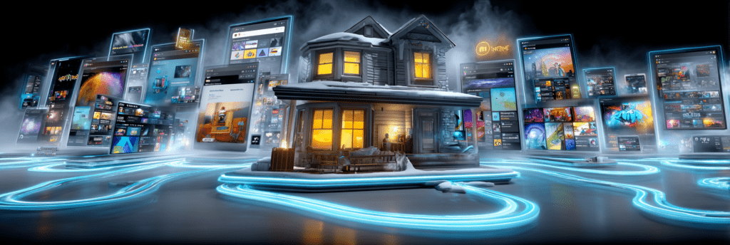 A warmly lit house stands at the center of a digital landscape, surrounded by floating websites and glowing online pathways, symbolizing the early internet as a collection of personal spaces and communities.