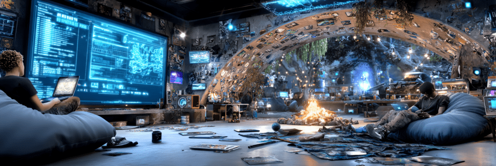 People gather in a creative digital hideaway filled with screens, artwork, photos, and technology, sharing a space built around curiosity, hobbies, and niche interests.
