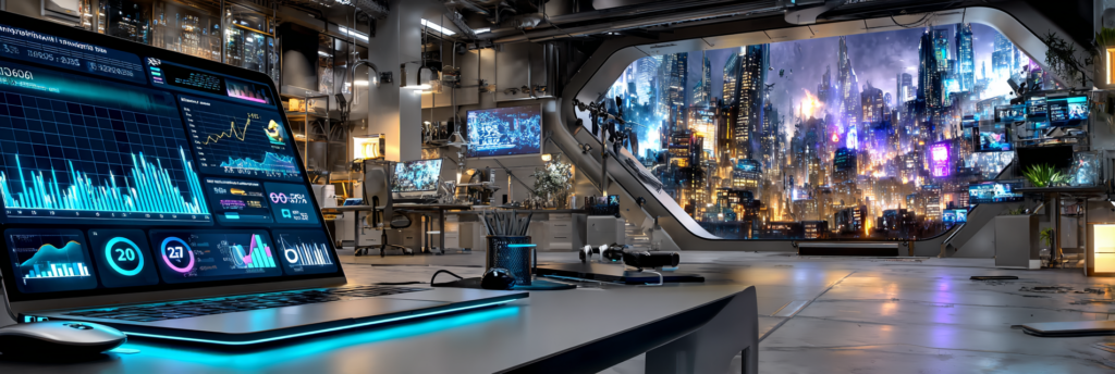 A futuristic workspace overlooks a neon city while dashboards, analytics, and performance metrics dominate computer screens, representing the rise of optimization culture online.