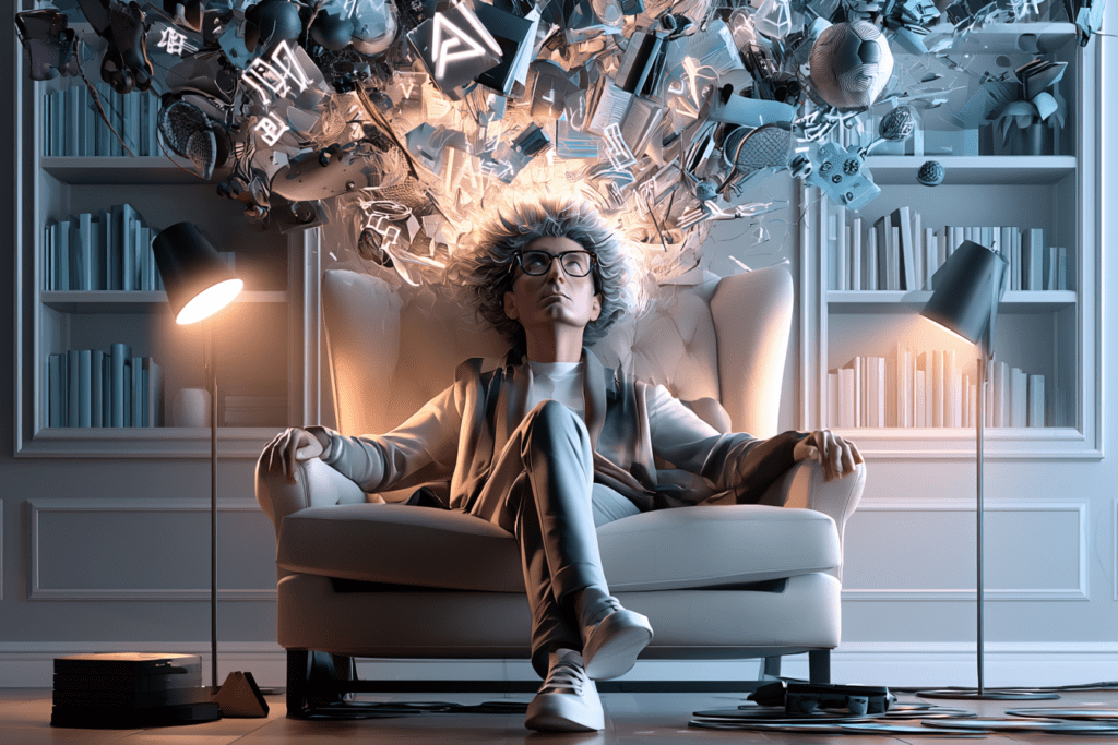 A person sits comfortably in an armchair while a chaotic stream of personalized interests, symbols, and digital content forms a world above their head, representing an algorithmically tailored online experience.