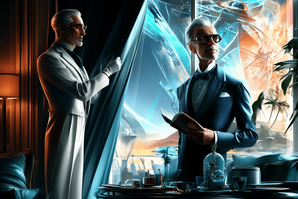 A distinguished butler opens a curtain just enough to reveal a dazzling world beyond while carefully shielding most of it from view, symbolizing how recommendation algorithms filter what we experience online.