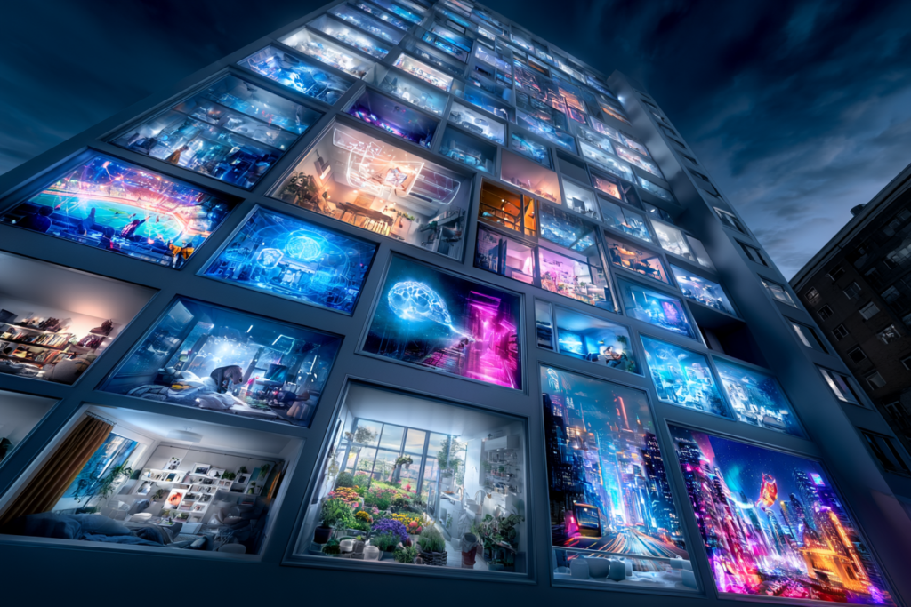 A towering apartment building at night reveals dozens of glowing windows, each containing a completely different digital world and lifestyle, illustrating personalized online realities.