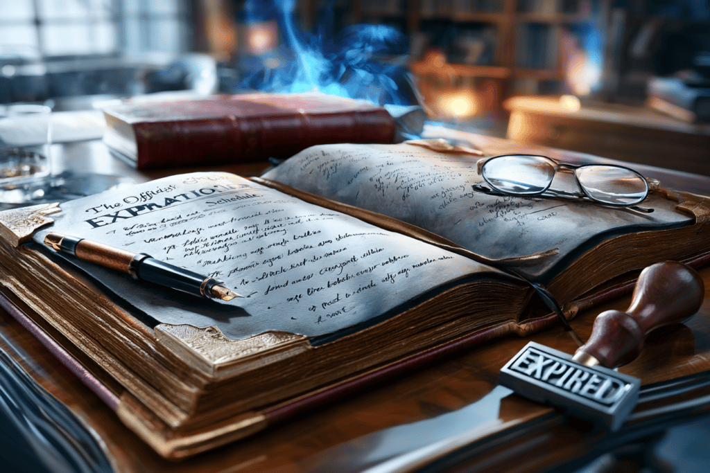 An antique book titled "The Official Human Expiration Schedule" lies open on a desk beside a fountain pen, reading glasses, and a rubber stamp marked "Expired."
