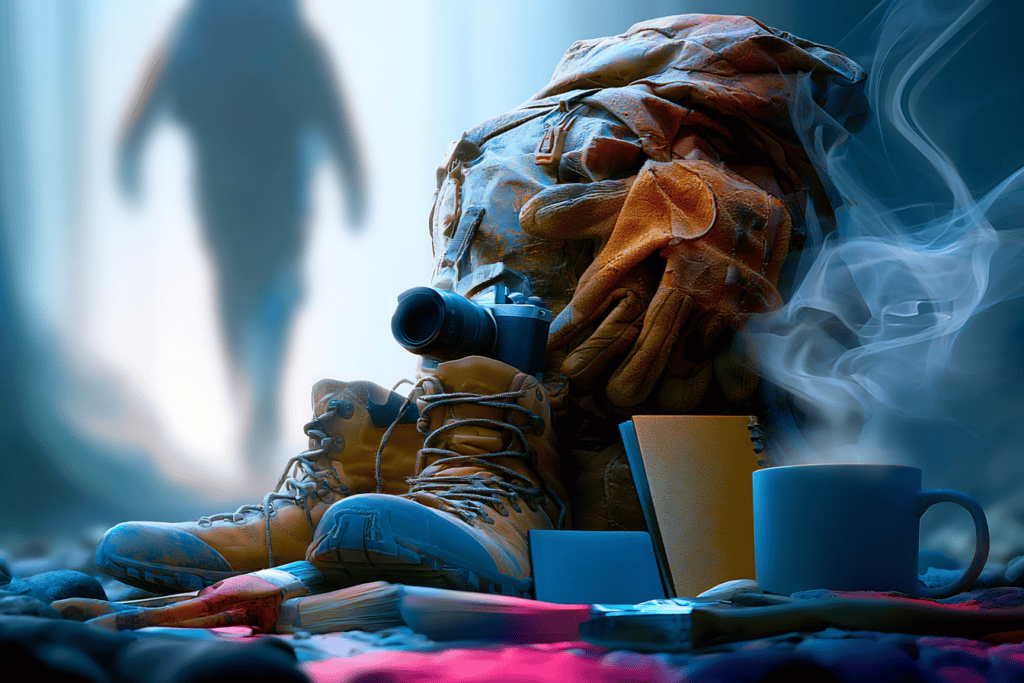 Hiking boots, a backpack, gardening gloves, a camera, notebooks, and a steaming mug are arranged beside a trail as a blurred figure walks into the distance, symbolizing curiosity and new adventures.