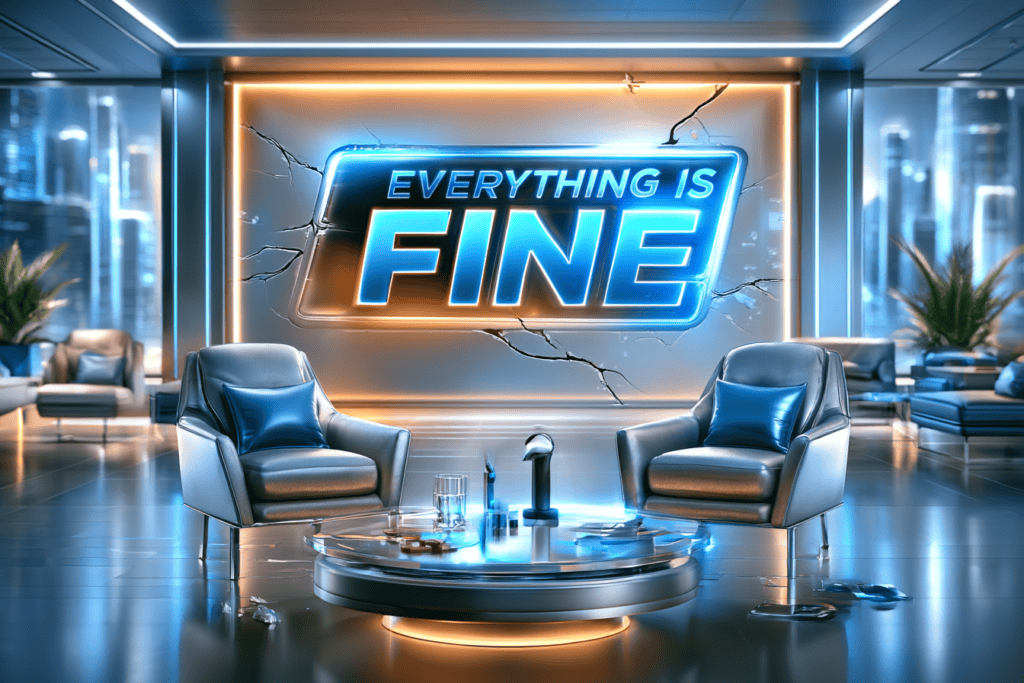 A pristine futuristic office lounge with two empty chairs and a glowing “Everything Is Fine” sign mounted over a severely cracked wall.
