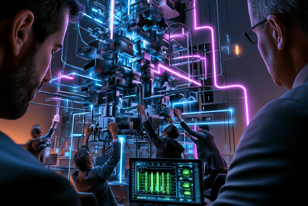Office workers struggle to hold together a towering, complex machine while two executives observe from the foreground.