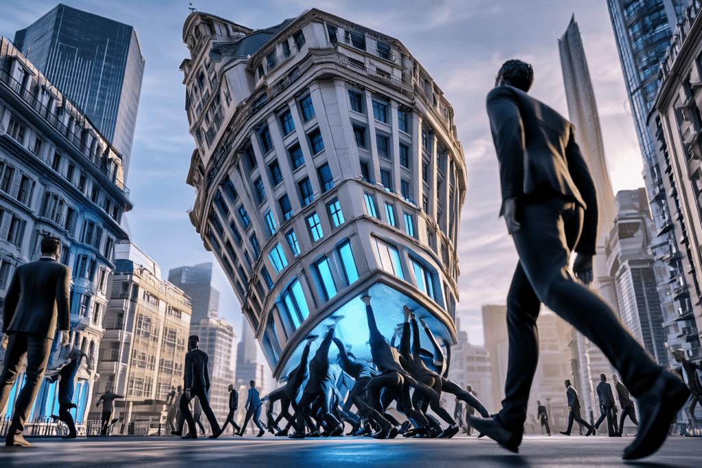 Businesspeople support the base of a distorted office building while other workers walk past through a city plaza.