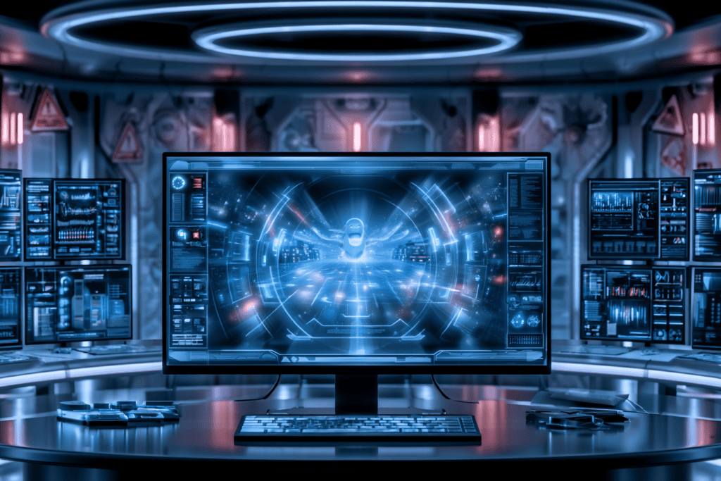 A glowing computer monitor displays a cheerful digital AI face inside a futuristic control room surrounded by warning lights.