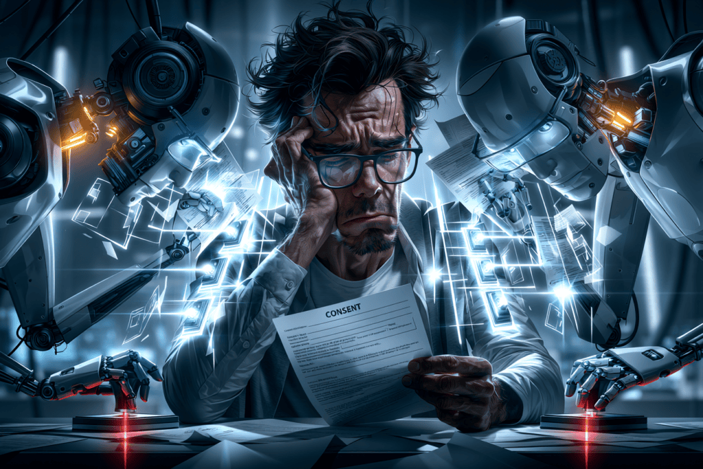 An exhausted man studies a consent form while robotic assistants surround him, operate glowing controls, and process paperwork without waiting for his response.