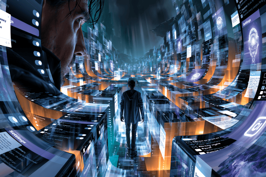 A lone person walks through a vast digital maze filled with towering settings panels, privacy toggles, checkboxes, and overlapping menus.